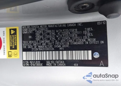 2012 Lexus Rx 350 z USA, uszkodzony, nr VIN 2T2ZK1BA2CC083594